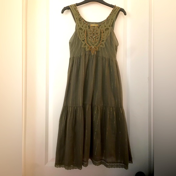 Free People Dresses & Skirts - Free People Sage Green Dress with Cutwork, Crochet and Decorative Beading